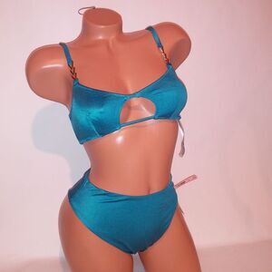 Victoria Secret Swim Bikini Small Top & Bottom Blue Gold Chain Links Cutout Cent